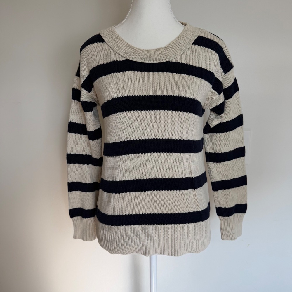 J. Crew Striped Knit Crewneck Sweater Navy Cream Womens Size S Nautical Cozy